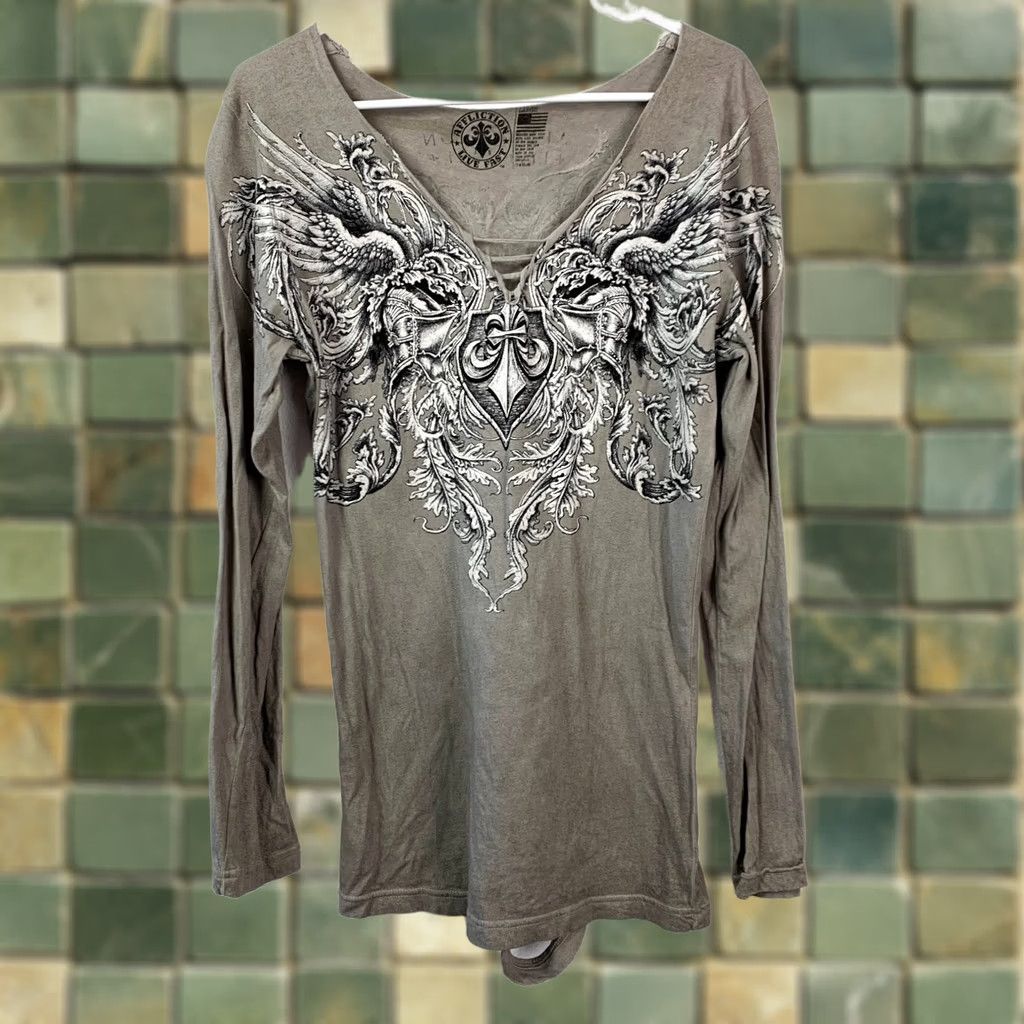 Affliction Y2K Affliction Shirt Large Gray Olive Green Long Sleeve Wings Graphic Size L / US 10 / IT 46 - 1 Thumbnail