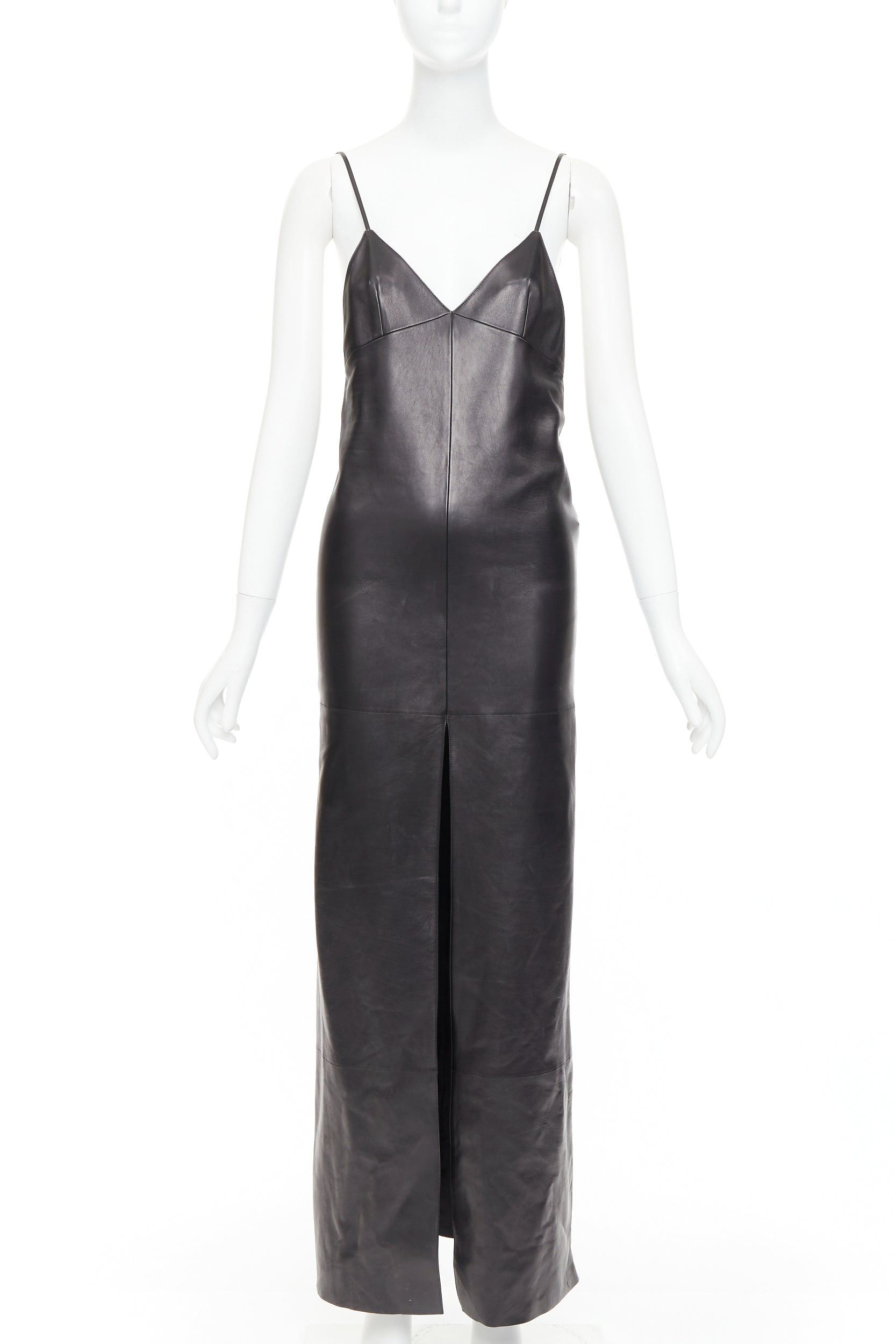 SAINT LAURENT 2024 black lambskin leather plunge low cut back slit slip gown dress FR34 XS