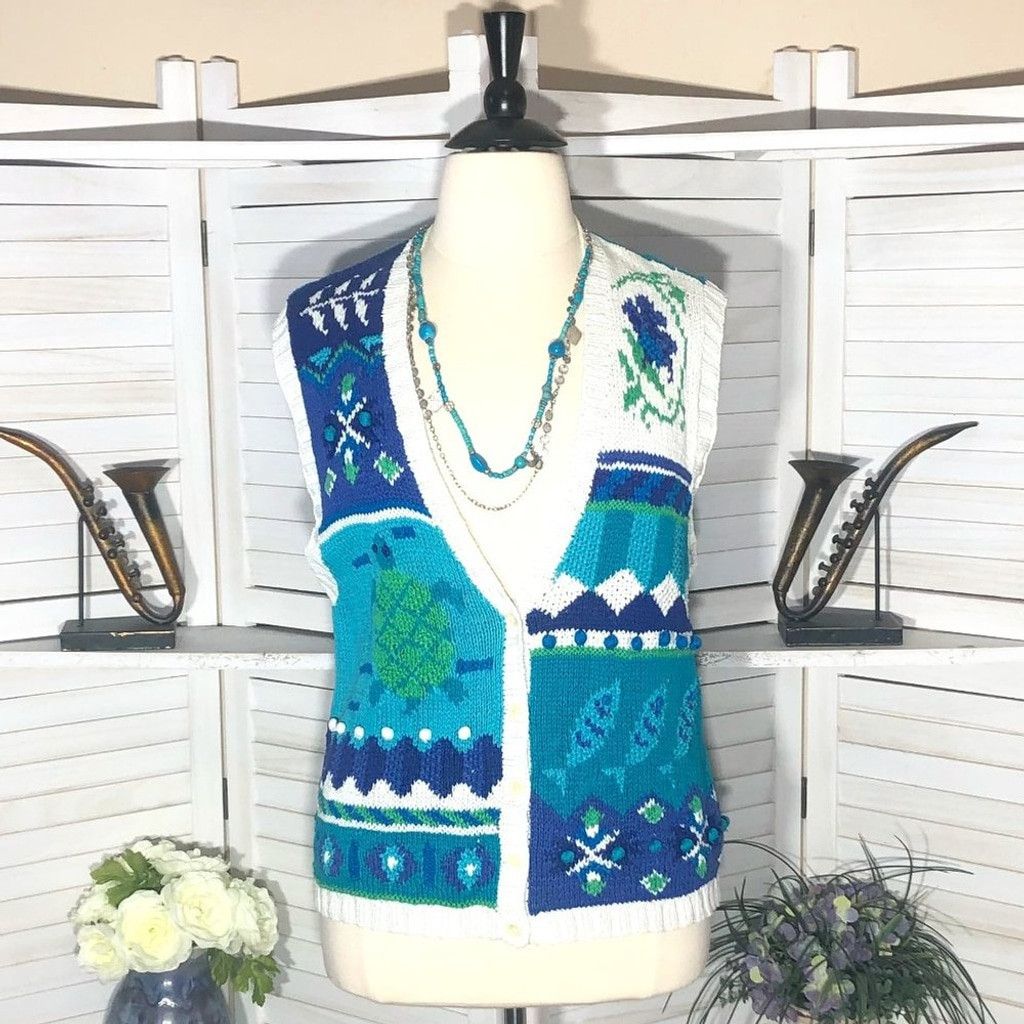 Vintage 90s granny's vest cotton knitted teal blue ocean theme XL Size XL / US 12-14 / IT 48-50 - 1 Thumbnail