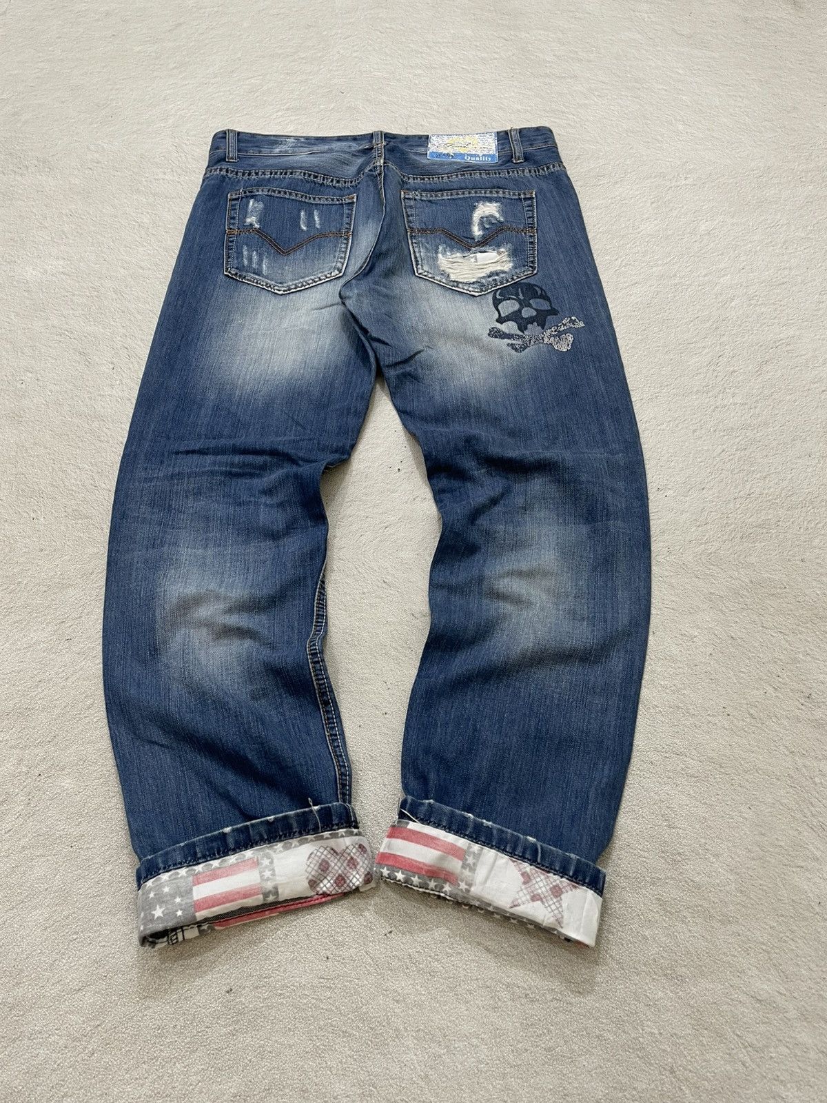 00s Japanese Skull Graphic Denim Selvedge Cuff Ripped Jeans