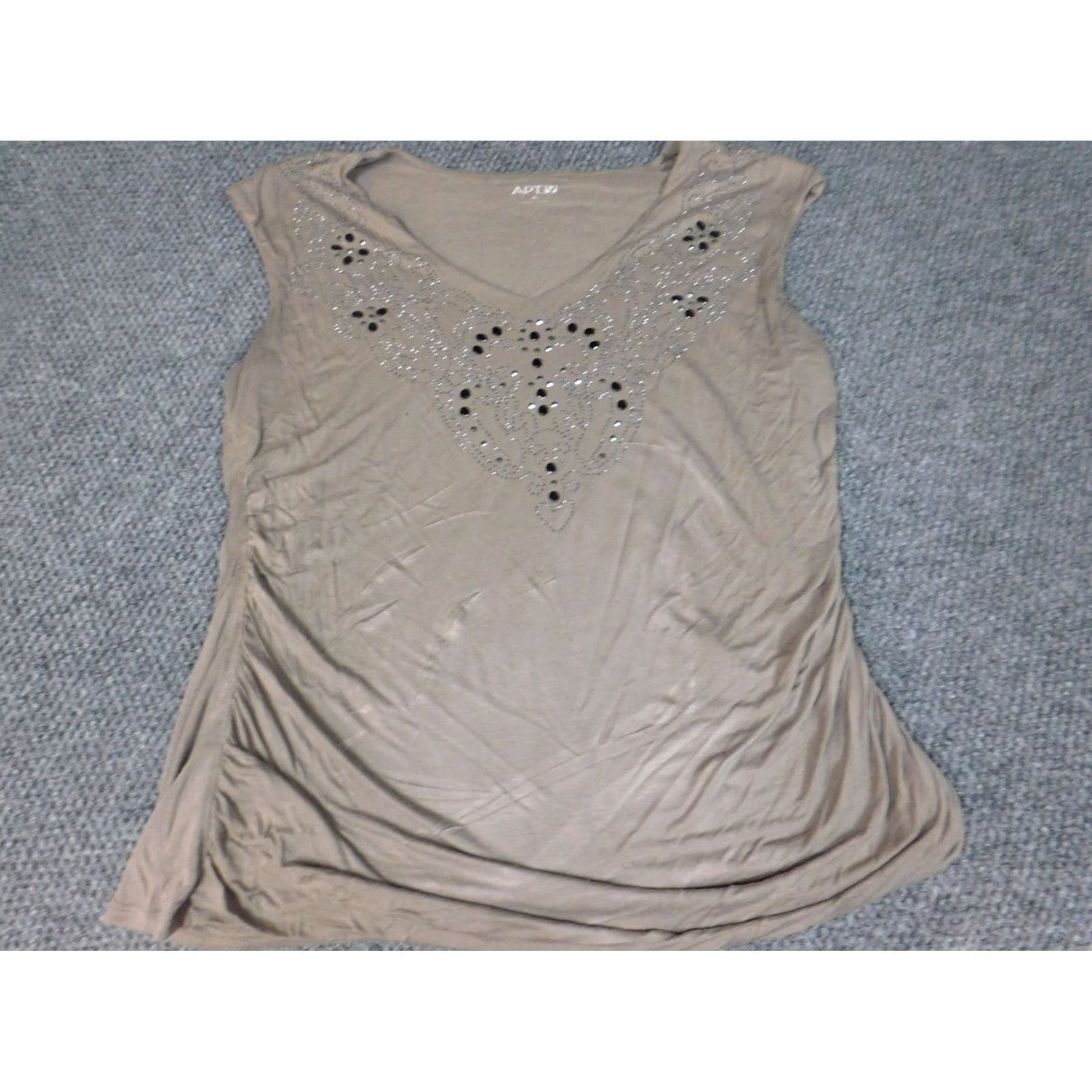 Apt. 9 Apt 9 Blouse Womens XL Beige Cap Sleeve Crew Neck Pullover Cotton Modal Rayon Stretch Regular Button Casual Size XL / US 12-14 / IT 48-50 - 3 Thumbnail