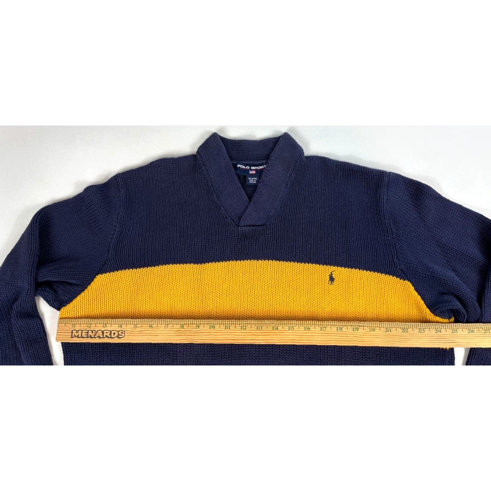 Polo Ralph Lauren Polo Sport Ralph Lauren Men's V-Neck Knit Polo Sport Ralph Lauren Sweater XL Navy Stripe 90s Vintage Pullover Sweatshirt Womens Mens? Size US XL / EU 56 / 4 - 7 Thumbnail