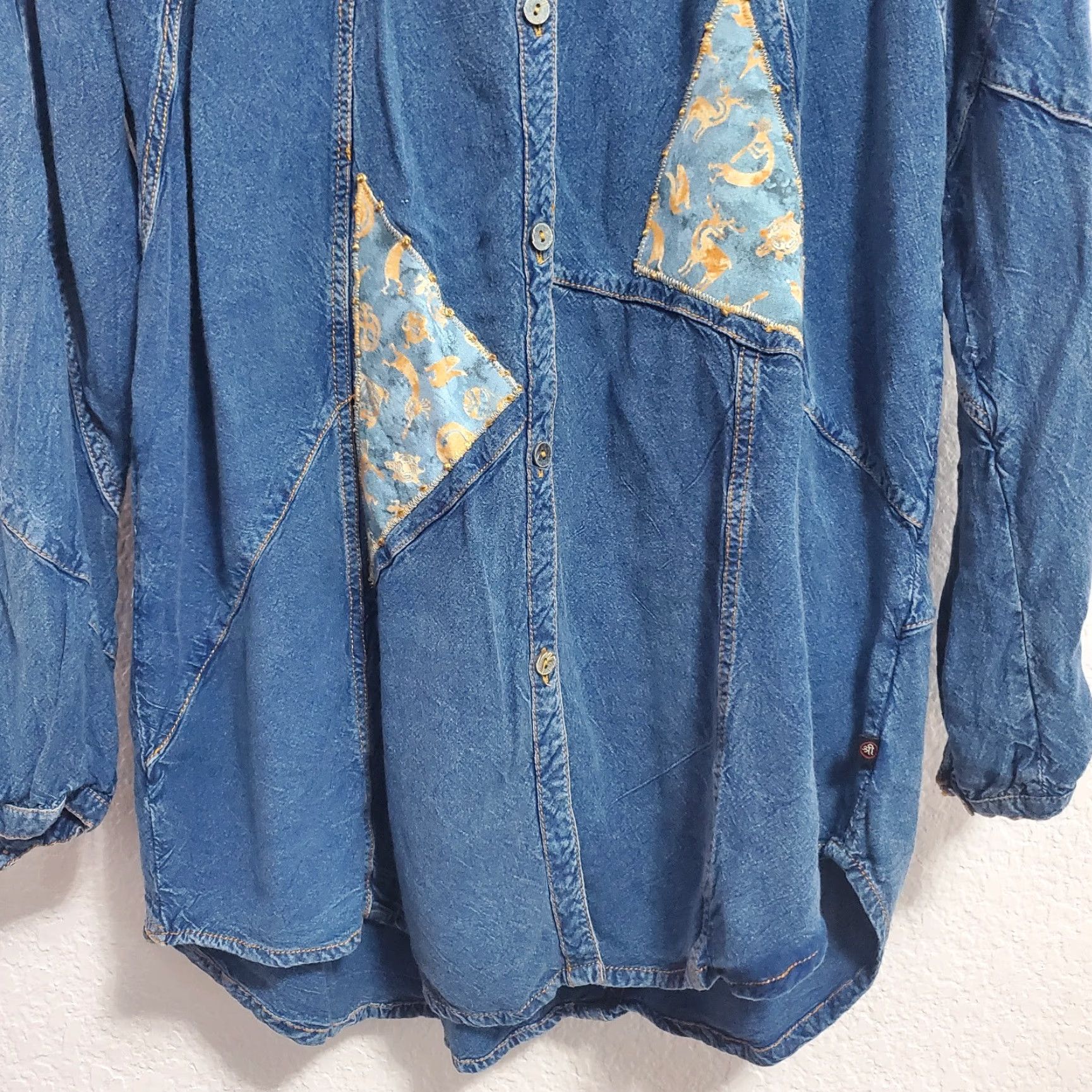 Vintage Sacred Threads Shirt Women M Blue Chambray Patchwork Southwestern Oversized Button Up Kokopelli Rhinestone Size M / US 6-8 / IT 42-44 - 5 Thumbnail