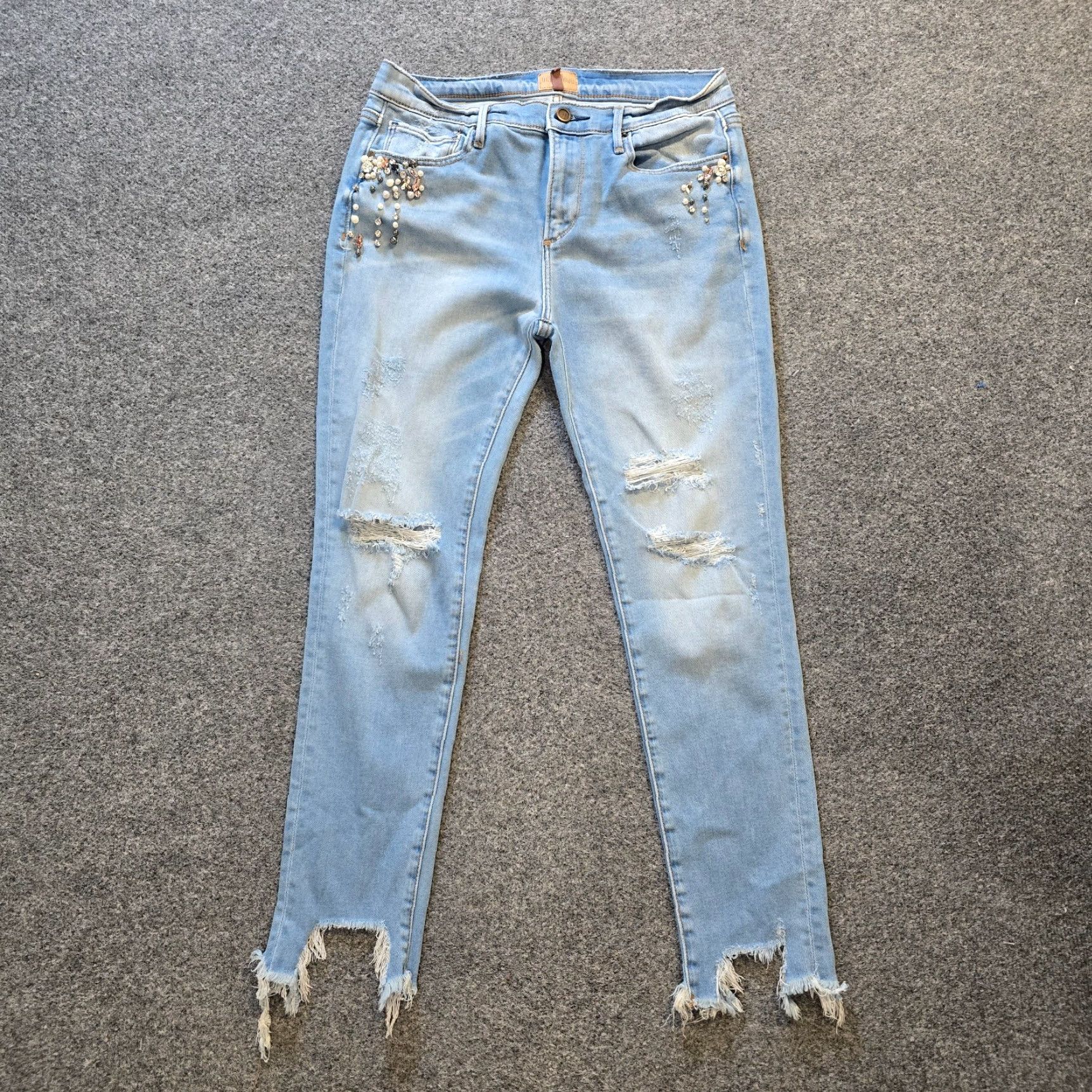 Vintage Driftwood Jeans Womens Size 29 Blue Rhinestones Pearls Distressed Jackie Skinny Bohemian Size 29" - 2 Thumbnail