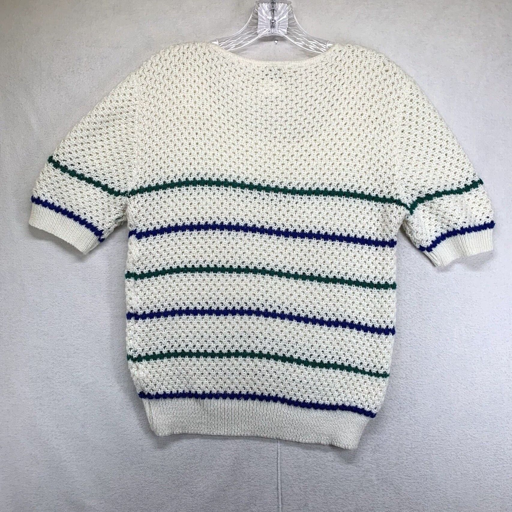 Vintage VINTAGE Jessica Scott Women's Jumper XS Open-Knit Pullover Short Sleeve 80s 90s Retro Aztec American White Blue Green Stripes Size XS / US 0-2 / IT 36-38 - 3 Thumbnail