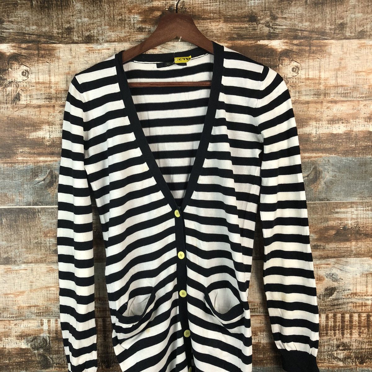 Homespun Knitwear DL Kari Ang Stripe White Black Cardigan Knitwear #C732 Size S / US 4 / IT 40 - 2 Thumbnail