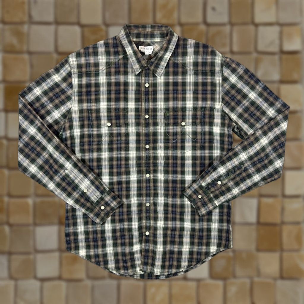 Wrangler WRANGLER Shirt Plaid Check Pearl Snap Western Long Sleeve Medium Mens Green/Brown/White/ Navy Check 00's Embroidered Chest Pocket Size US M / EU 48-50 / 2 - 1 Thumbnail