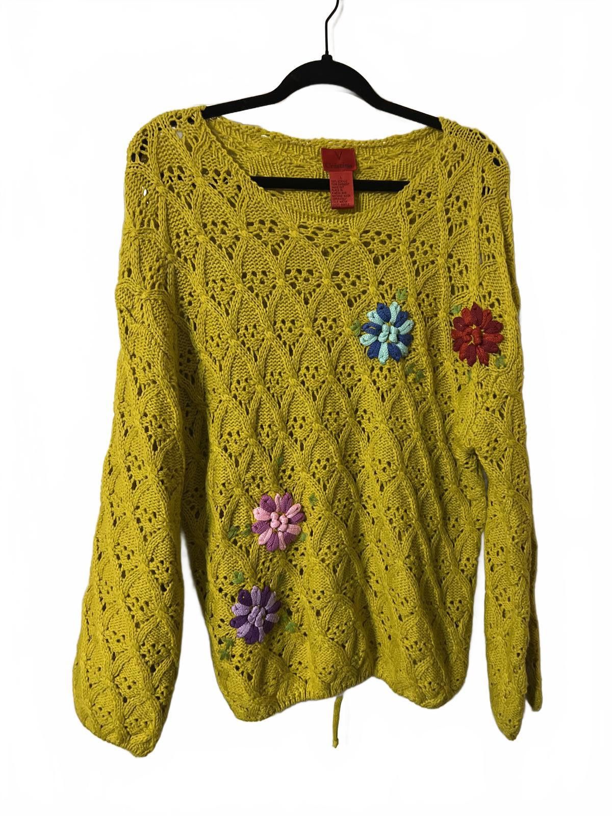 Other Yellow Crochet Knit Sweater with Floral Appliques L Size L / US 10 / IT 46 - 2 Thumbnail