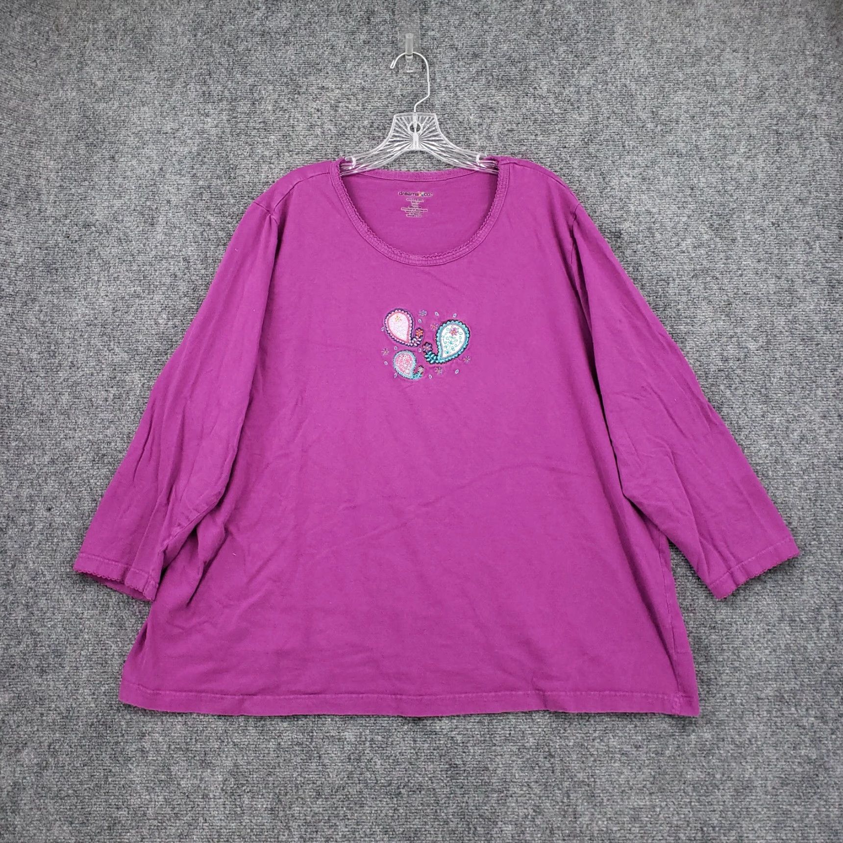 CO Dreams Co Pajama Top Womens 1X Purple Paisley Embroidered 3/4 Sleeve Knit Cotton Floral Shirt Womens Pajama Top (Dreams Co) Size XL / US 12-14 / IT 48-50 - 2 Thumbnail
