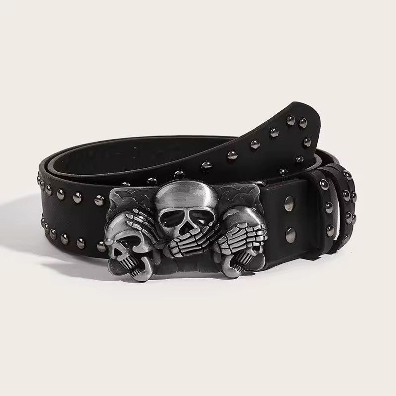 Leather Skeleton Triple Head Rivet Unisex Waist Pu Leather Belt Size ONE SIZE - 1 Thumbnail