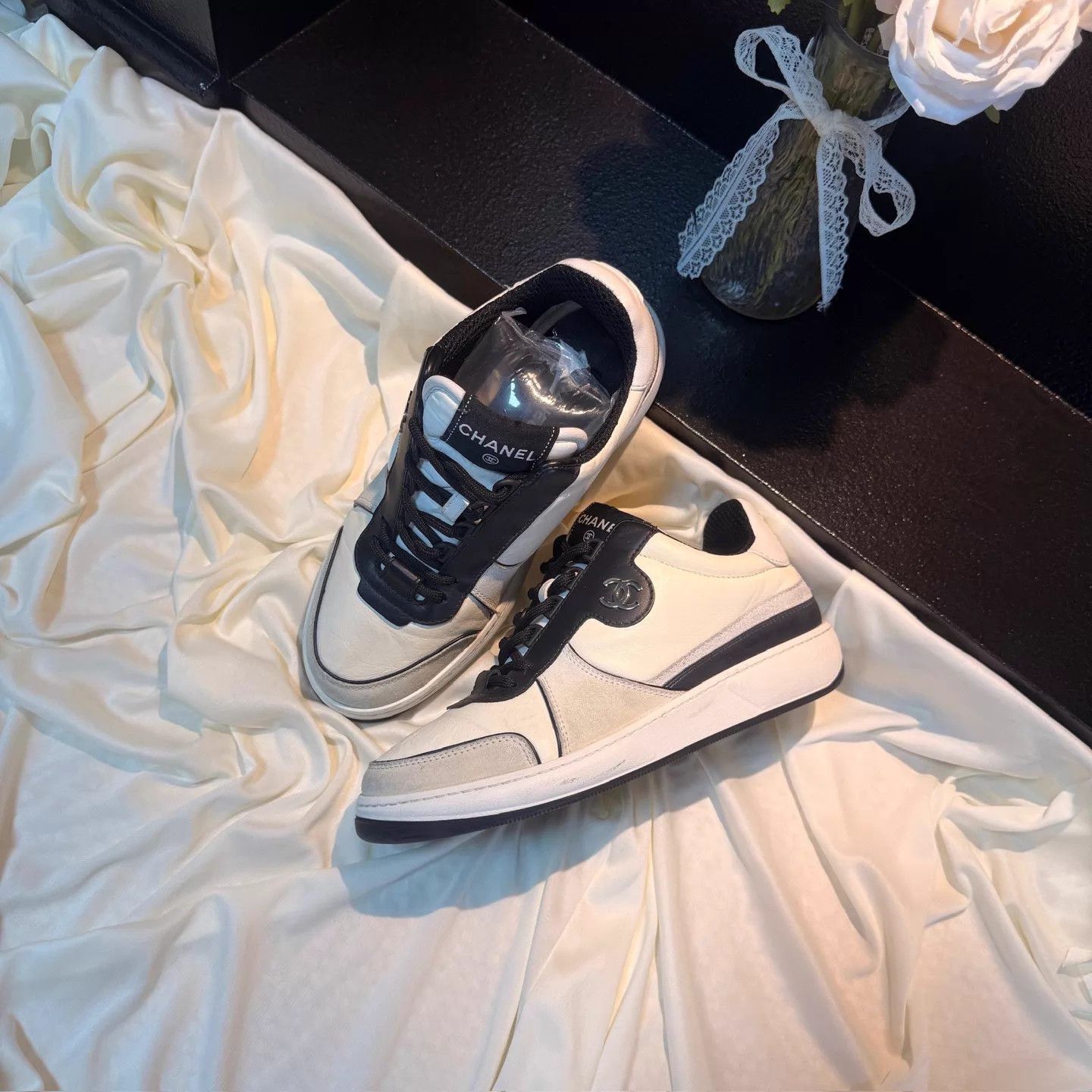 Chanel CHANEL Black & White CC Gold Sneaker 95 New 37.5 Size US 7 / IT 37 - 1 Thumbnail