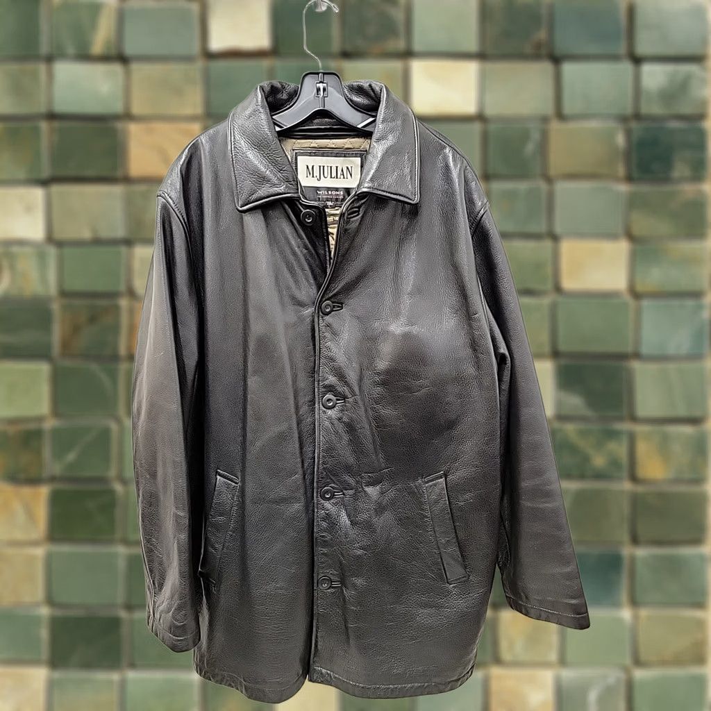 Vintage VINTAGE Wilsons/M. Julian Jacket Mens L Black Leather Overcoat Mid-Length Button Collar Heavy Weight Regular Long Sleeve Chest 26 Length 35 DJN Size US L / EU 52-54 / 3 - 1 Thumbnail