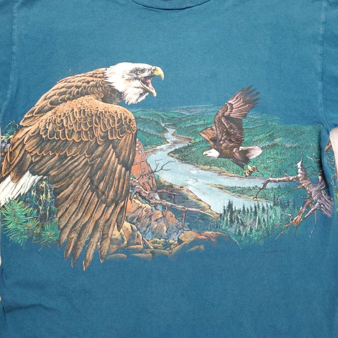 Vintage VTG Glacier Park Shirt Mens XL Teal Bald Eagle Single Stitch 90s Made in USA AOP Size US XL / EU 56 / 4 - 2 Thumbnail