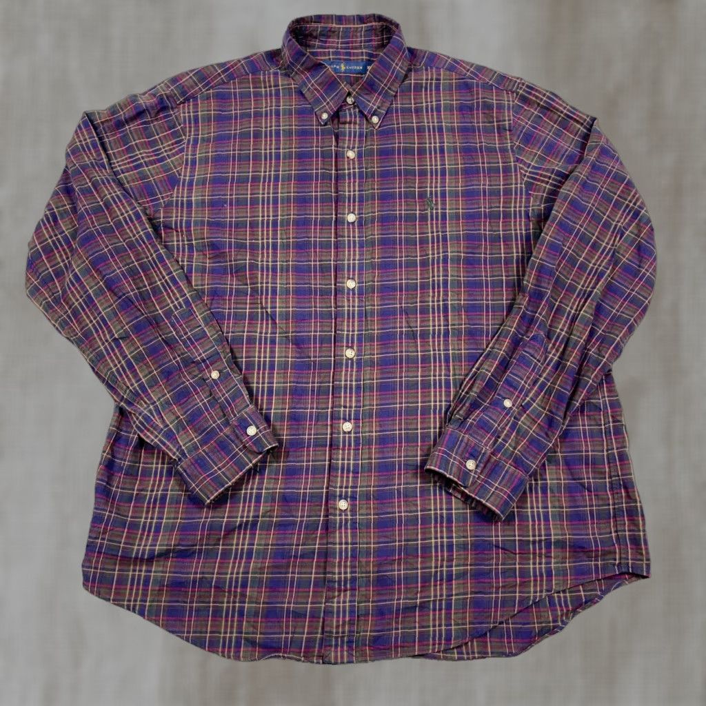 Ralph Lauren Ralph Lauren Shirt Men XL Button-Up Plaid Purple Olive Green Wool Blend Colorful Preppy Modern Size 46R - 1 Thumbnail