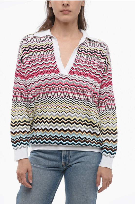 image of Missoni Long-Sleeved Iconic Patterned Polo, Women's (Size Medium)
