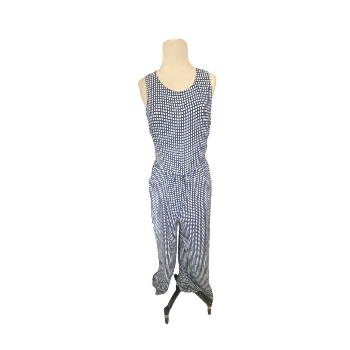 Vintage LUSH Check Jumpsuit One-Piece Crepe Sleeveless Medium White Blue Wide Leg Womens M Size 32" / US 10 / IT 46 - 3 Thumbnail