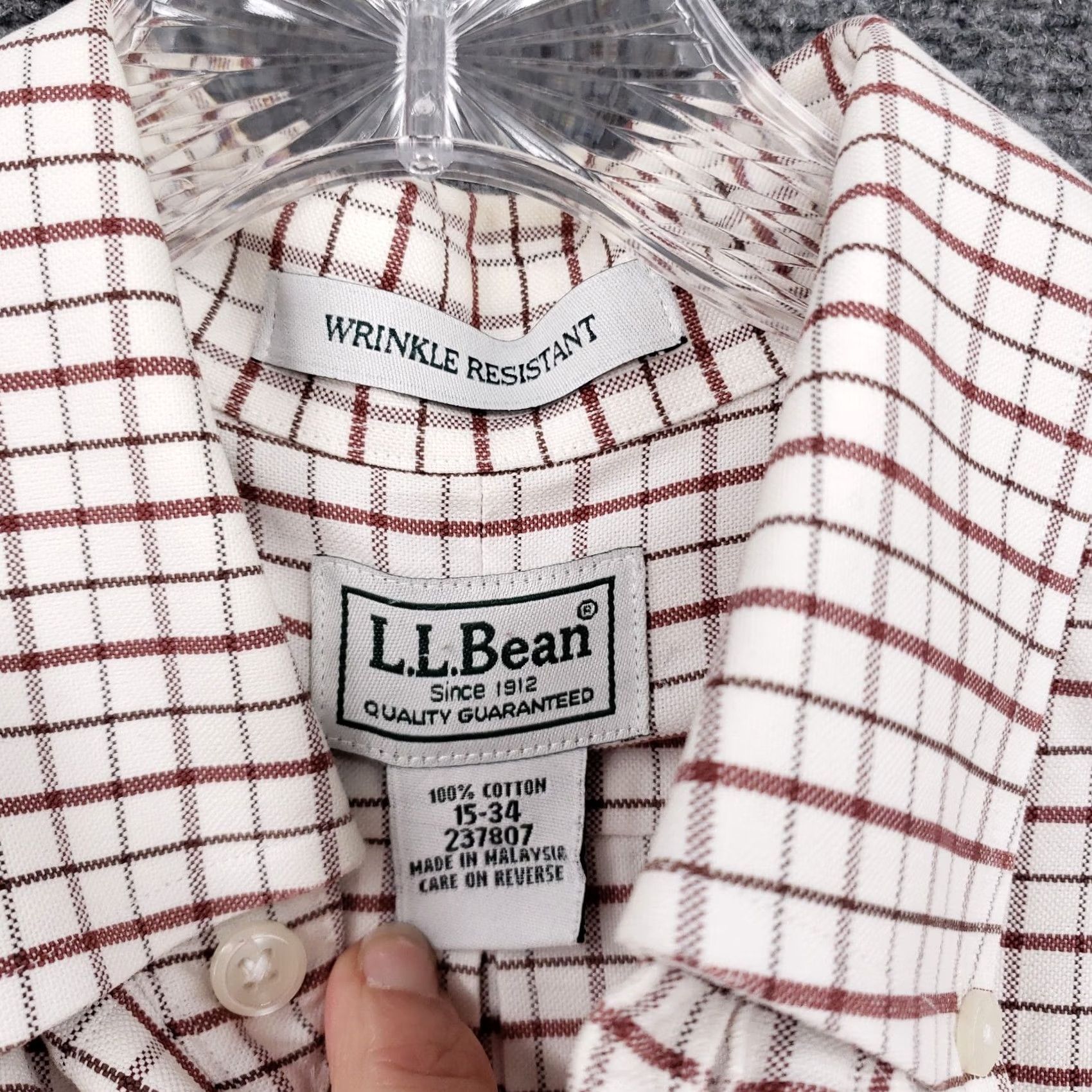 Vintage LL Bean Shirt Mens 15 34 White Plaid Wrinkle Resistant Button Down Dress Preppy Size 40R - 7 Thumbnail