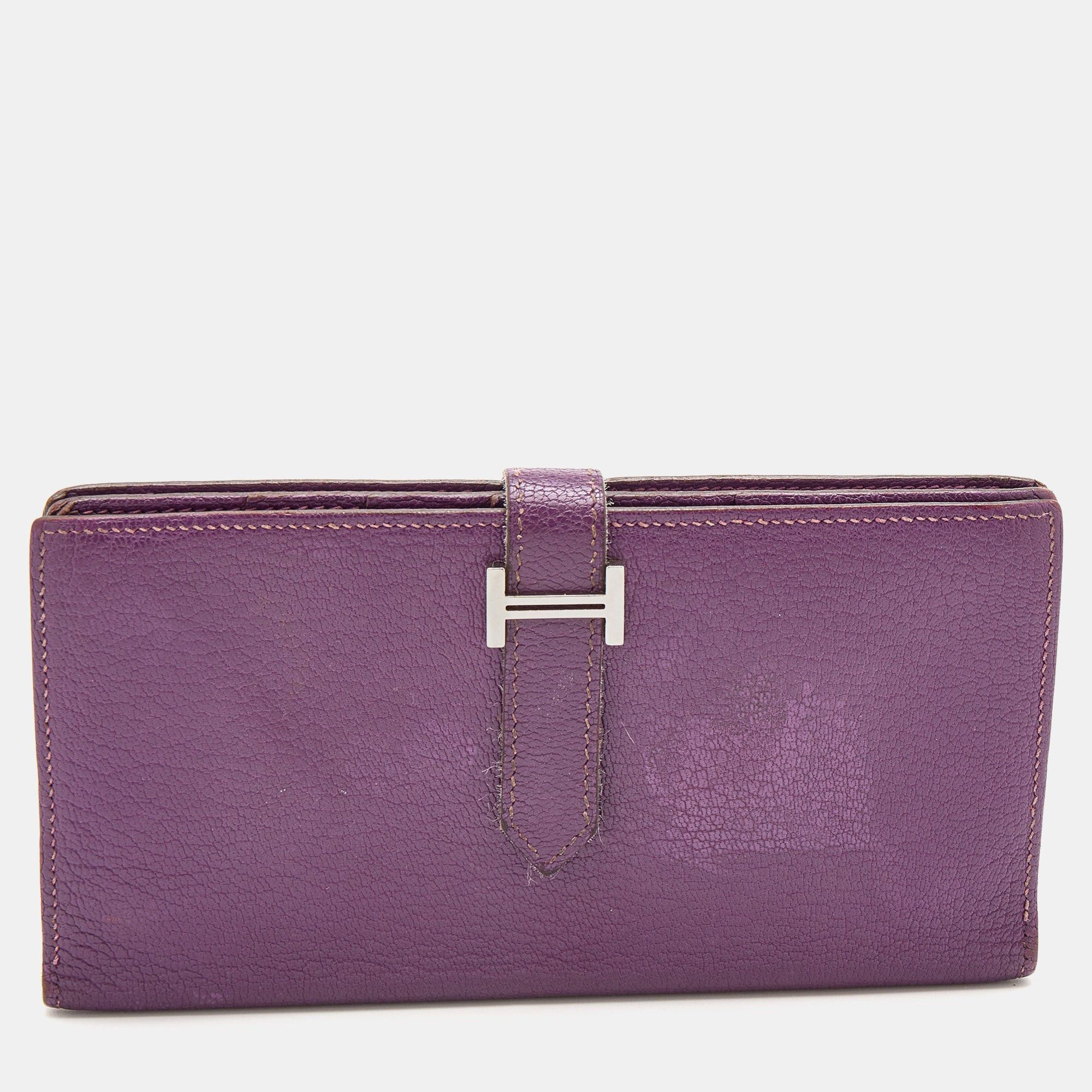 image of Hermes Cyclamen Chevre Mysore Leather Palladium Finish Bearn Wallet in Black, Women's