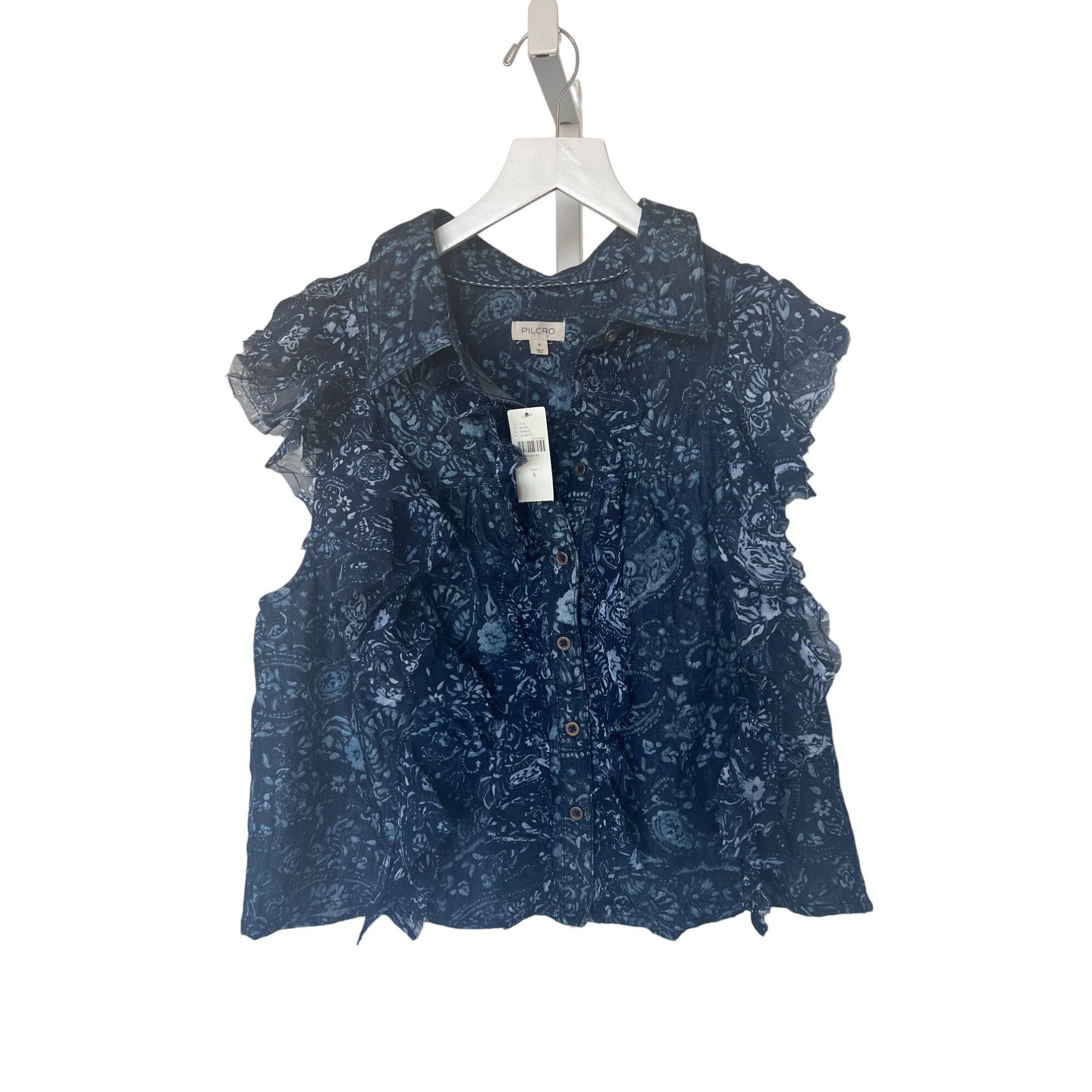 Anthropologie Pilcro Navy Denim Button Down Floral Ruffle Top Size S / US 4 / IT 40 - 4 Thumbnail
