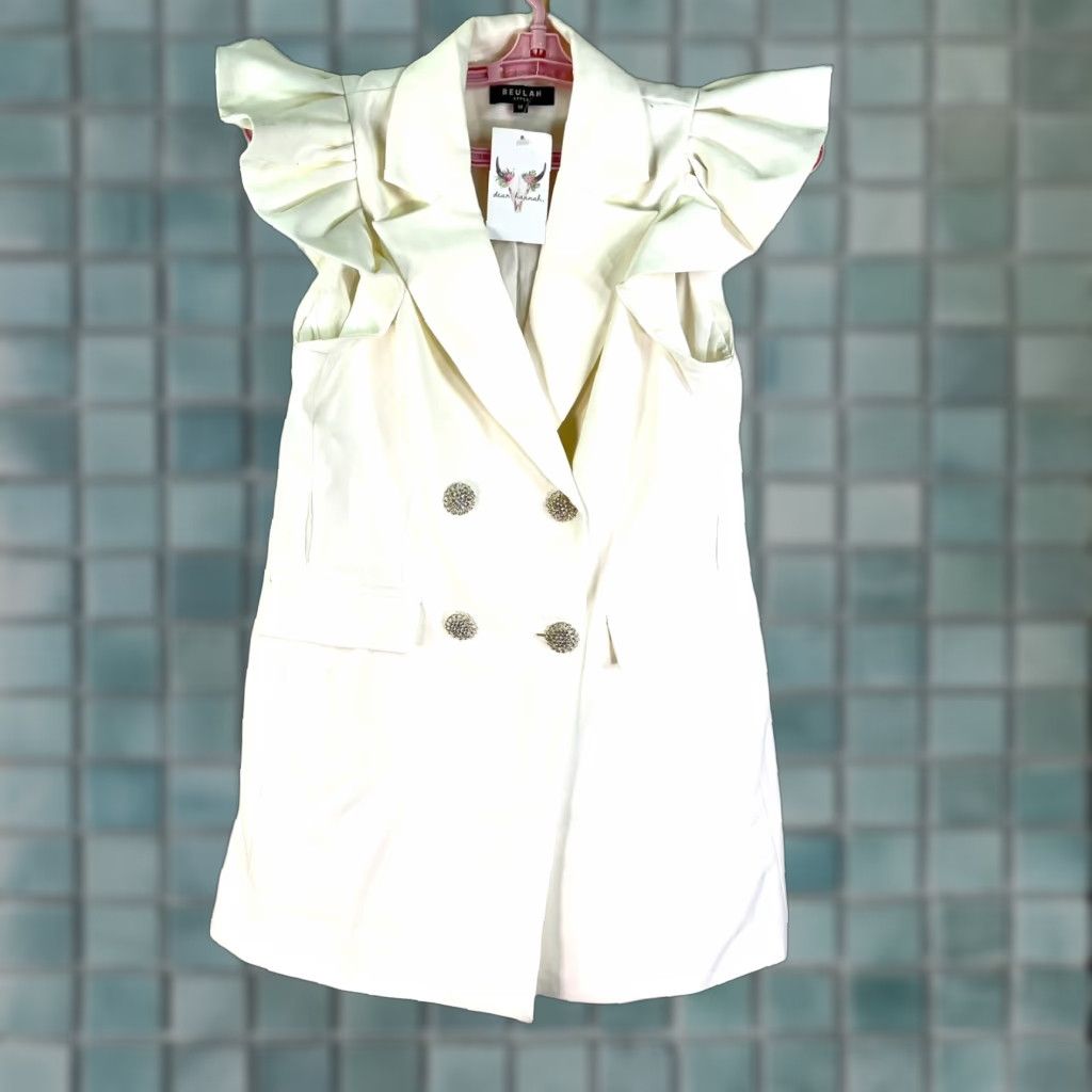 Vintage Beulah Patchwork Ruffles White Dress – Woman M Midi Chiffon Jacket Dress, Sleeveless, Double Breasted, Business/Cocktail, Regular Size M, White Size M / US 6-8 / IT 42-44 - 1 Thumbnail