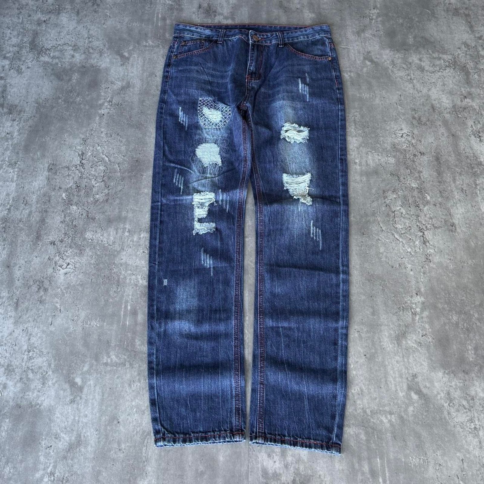 Japanese Brand × Vintage Vintage Y2K Embroidered Patchwork Grunge Opium Denim Jeans Size US 34 / EU 50 - 1 Thumbnail
