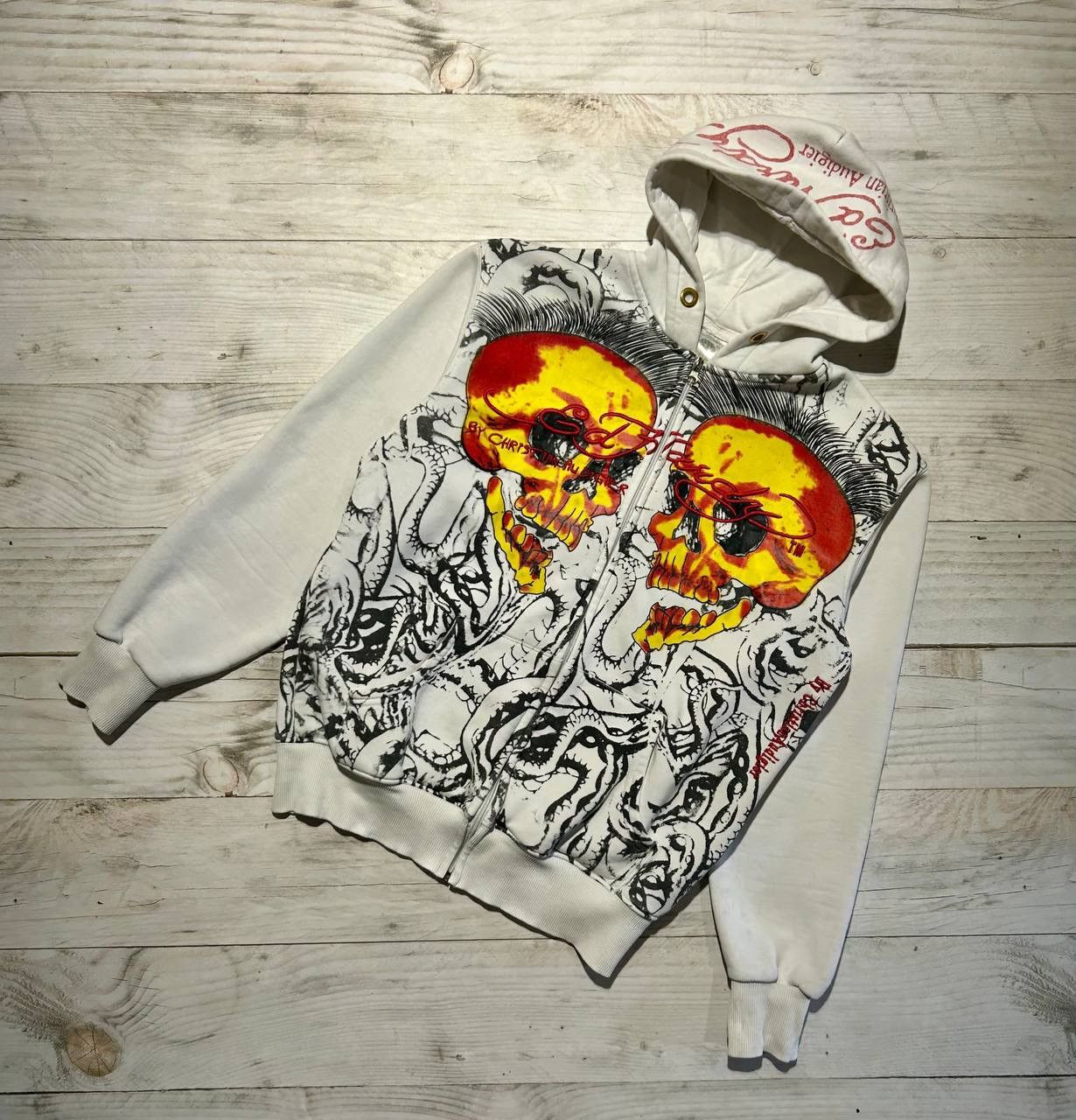 image of Vintage Ed Hardy X Christian Audigier Hoodie Y2K Japan Skull in White, Men's (Size Medium)