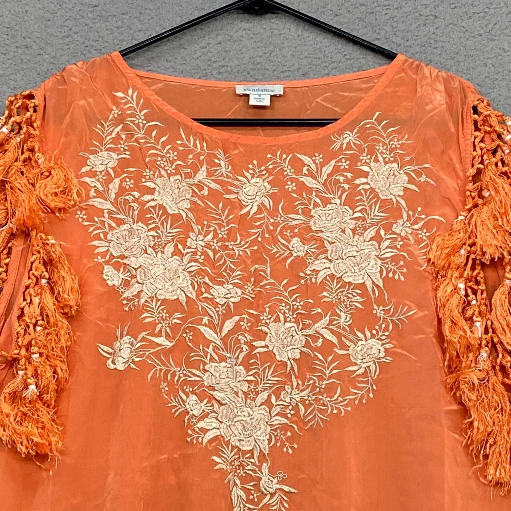 Vintage Sundance Boho Tassel Shift Dress Womens Small Embroidered Beach Resortwear Orange Viscose Summer Casual Size S / US 4 / IT 40 - 2 Thumbnail