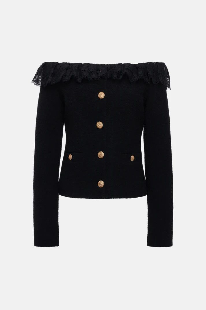 Alessandra Rich o1s22i1n0225 Off-shoulder Tweed Blazer in Black Size M / US 6-8 / IT 42-44 - 1 Thumbnail