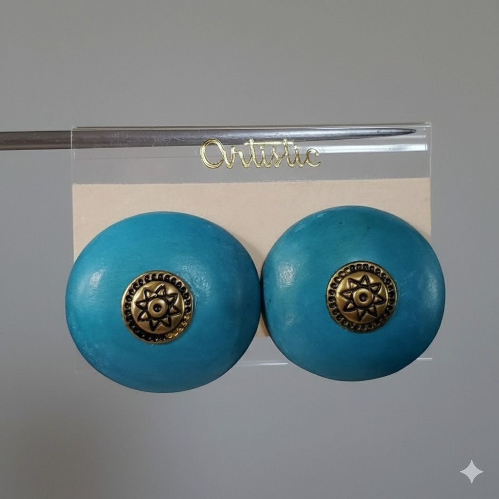 Handmade Artistic Button Earrings Clip On Turquoise Wood Brass Paint Size ONE SIZE - 3 Thumbnail