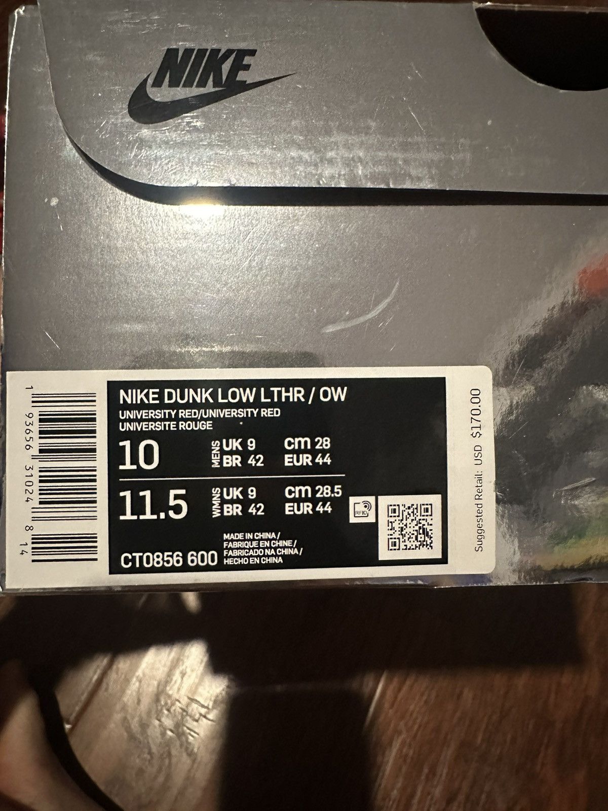 Nike NIKE DUNK LOW OFF-WHITEUNIVERSITY RED Size US 10 / EU 43 - 4 Thumbnail