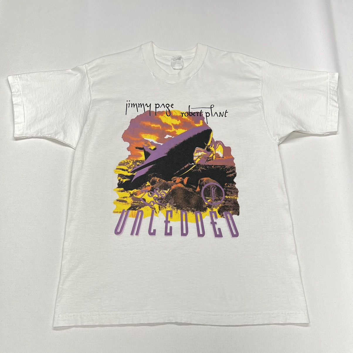 Band Tees × Vintage VTG Jimmy Page Robert Plant Tee Shirt White Tour Unledded Size US L / EU 52-54 / 3 - 2 Thumbnail