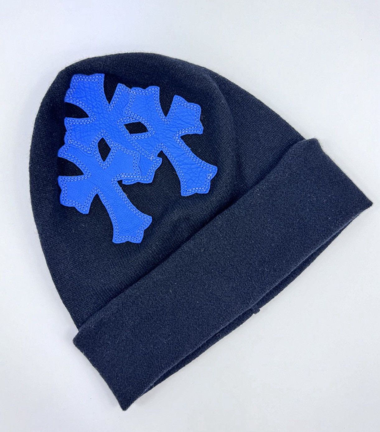 Chrome Hearts BLUE TRIPLE CROSS LEATHER PATCH BEANIE Size ONE SIZE - 4 Thumbnail