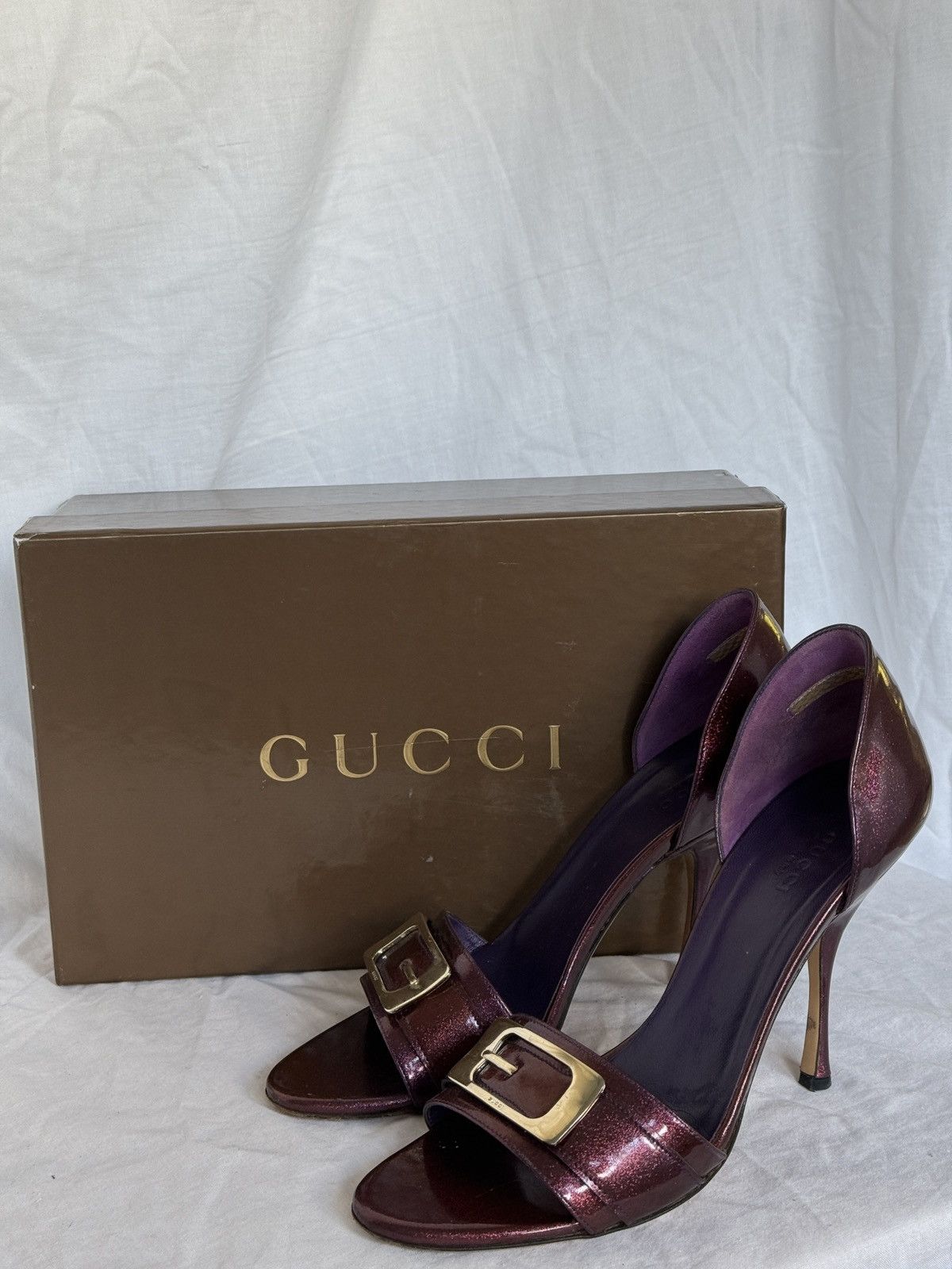 Gucci Purple Glitter Patent Leather Open Toe Sandals Mules