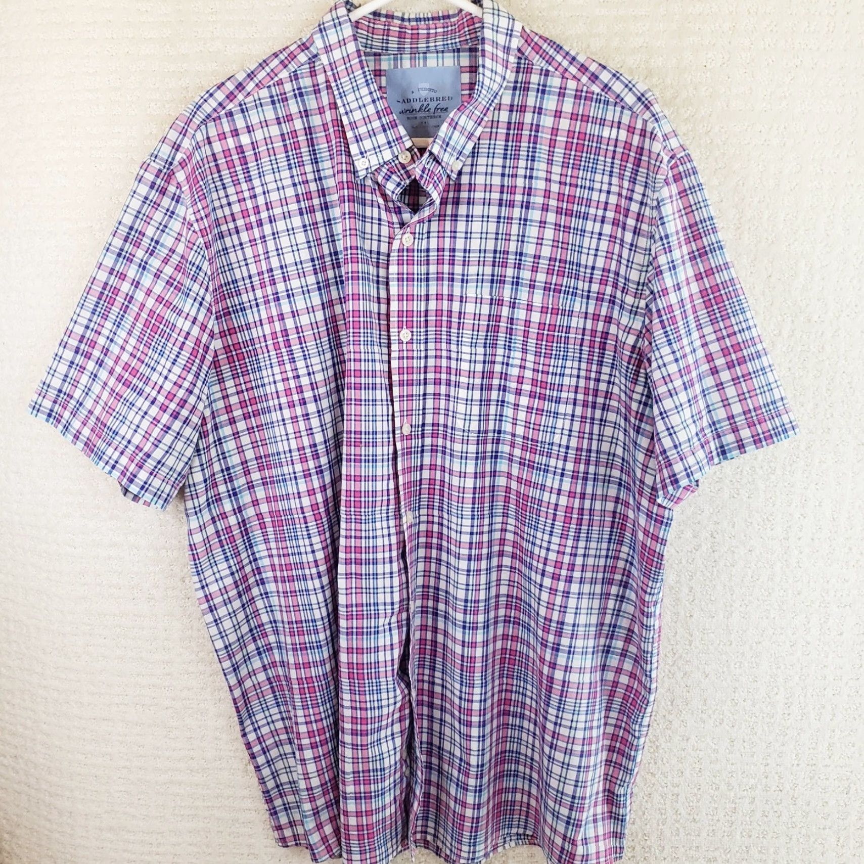 Born Saddlebred Shirt Mens XXL Pink Blue Plaid Regular Short Sleeve Button-Up Wrinkle Free Size US XL / EU 56 / 4 - 2 Thumbnail