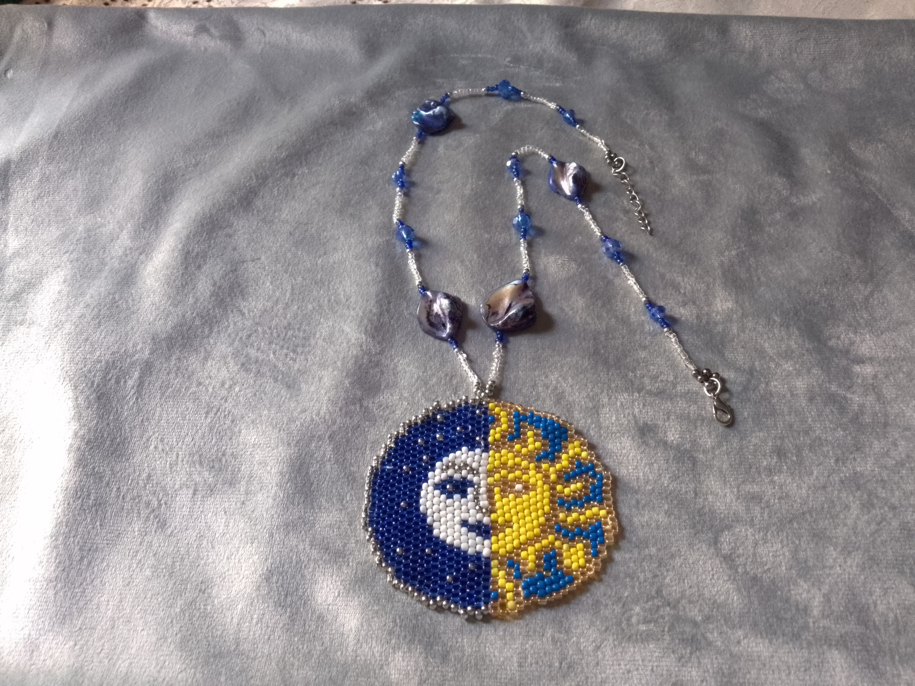 Handmade Necklace Long Blue Mothe of Pearl Beaded Pendant Sun Moon Size ONE SIZE - 5 Thumbnail
