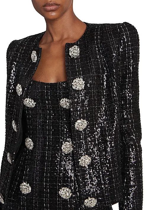 Balmain o1s1wg110825 Glitter Tweed Jacket in Black Size L / US 10 / IT 46 - 5 Thumbnail