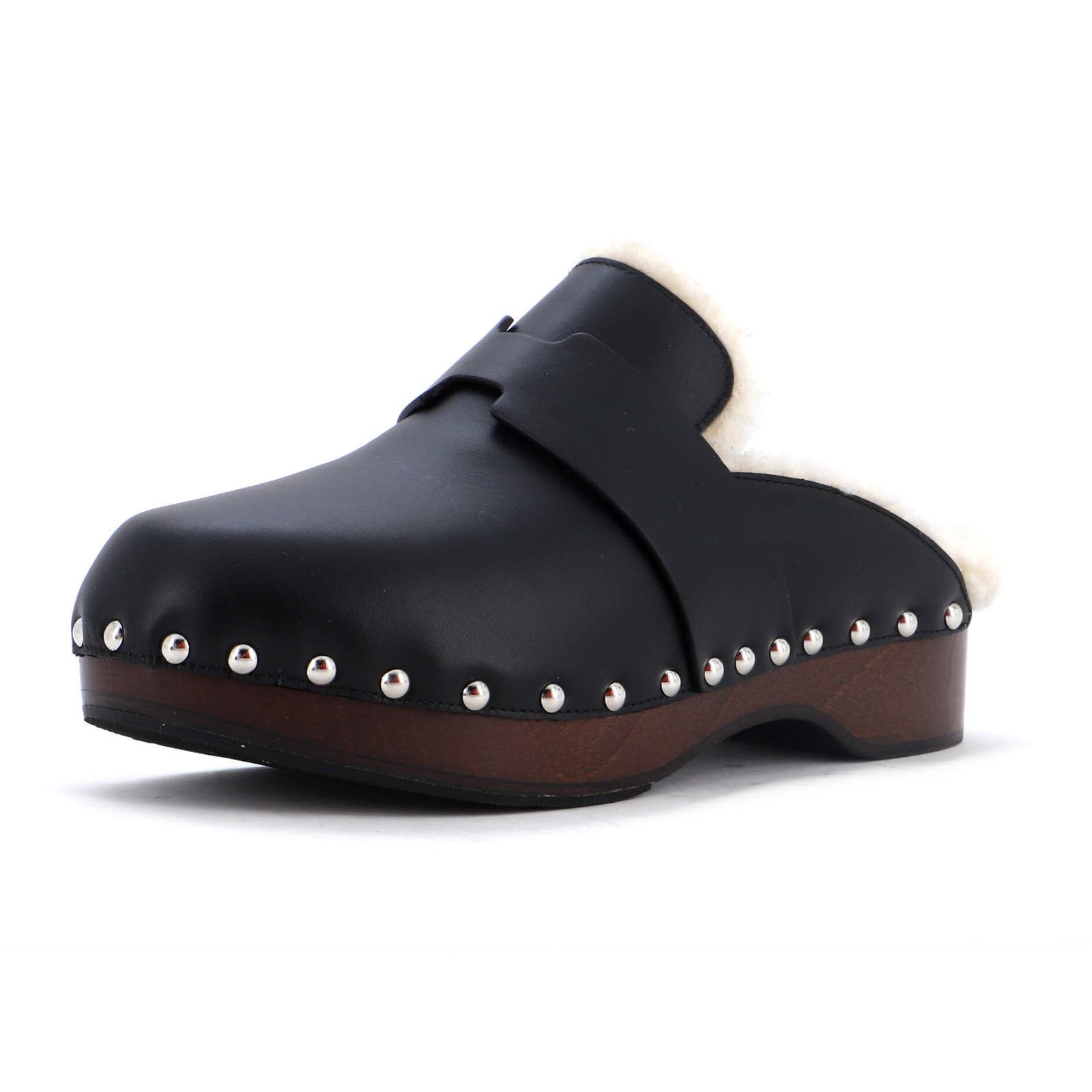image of Hermes Women's Carlotta Mule Shoess Leather With Shearling None Shoes in Black (Size 6)