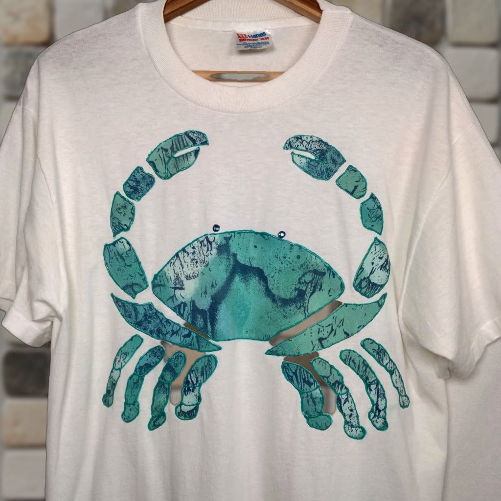 Hanes VINTAGE Hanes Blue Crab T-Shirt Men Large Short Sleeve Cotton Blend White Beach Sea Ocean Life Size US L / EU 52-54 / 3 - 1 Thumbnail