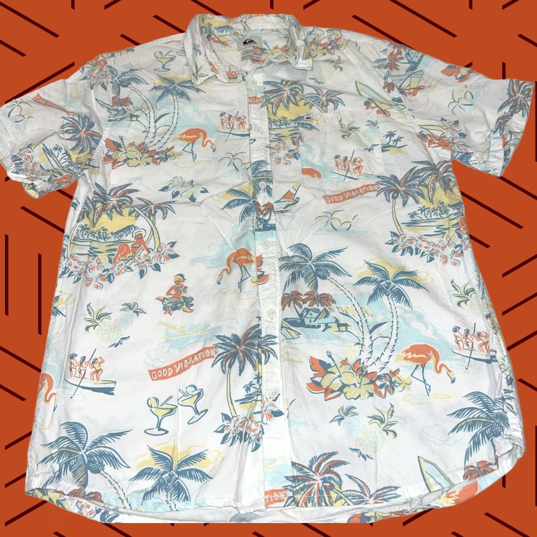 Quiksilver VINTAGE Quiksilver Hawaiian Aloha Windsurfing Outrigger Canoe Club Hula SHIRT Large Yellow Cotton Knit Short Sleeve Button-Down Mens Size US L / EU 52-54 / 3 - 1 Thumbnail