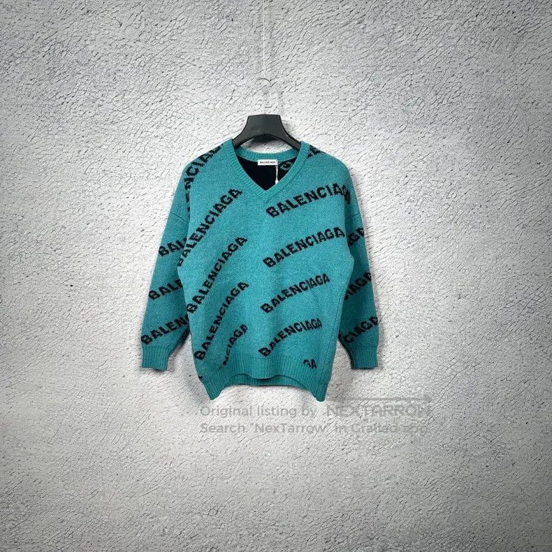 Balenciaga Lake Green Letter Printed Long Sleeve Sweater