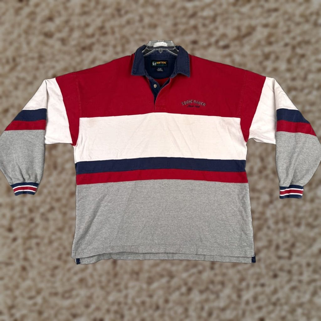 Eddie Bauer VINTAGE Eddie Bauer Polo Shirt Men XL Red Cotton Shirt Long Sleeve Polo EBTEK Striped Embroidered Logo Men's Polo Shirts 1960s 70s 80s Size US XL / EU 56 / 4 - 1 Thumbnail