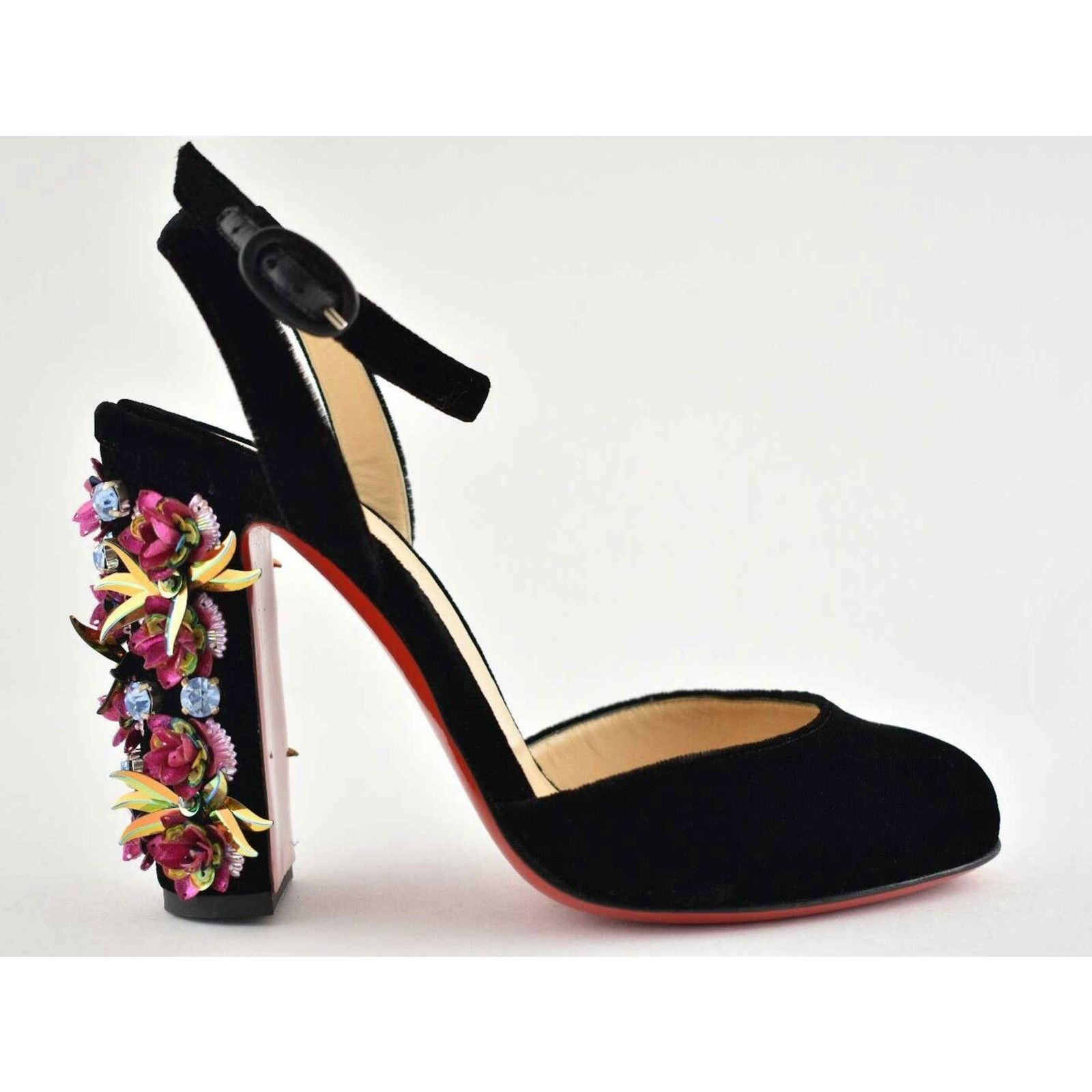 Madonaflor 100 Black Velvet Ankle Strap Block Heel Pump 36.5