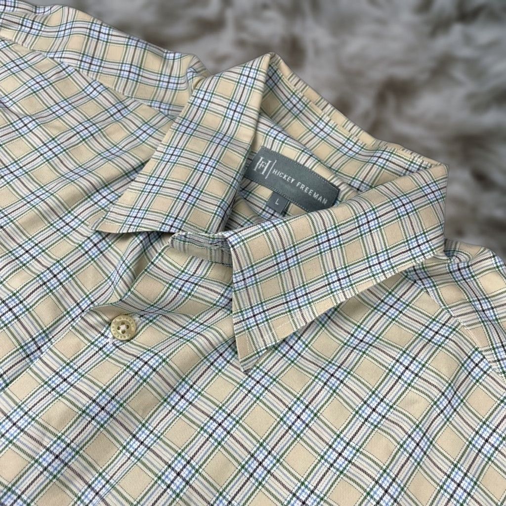 Hickey Freeman Button-Up Shirt Beige Plaid 100% Cotton L LARGE Italy Men