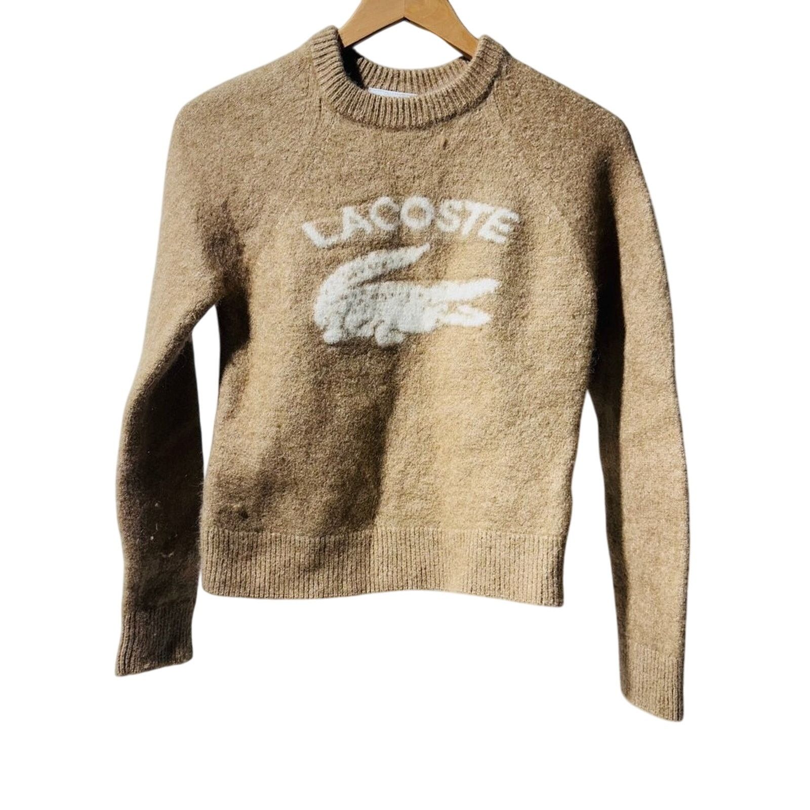 Lacoste Lacoste Tan Wool Blend Logo Crewneck Sweater Size S / US 4 / IT 40 - 2 Thumbnail