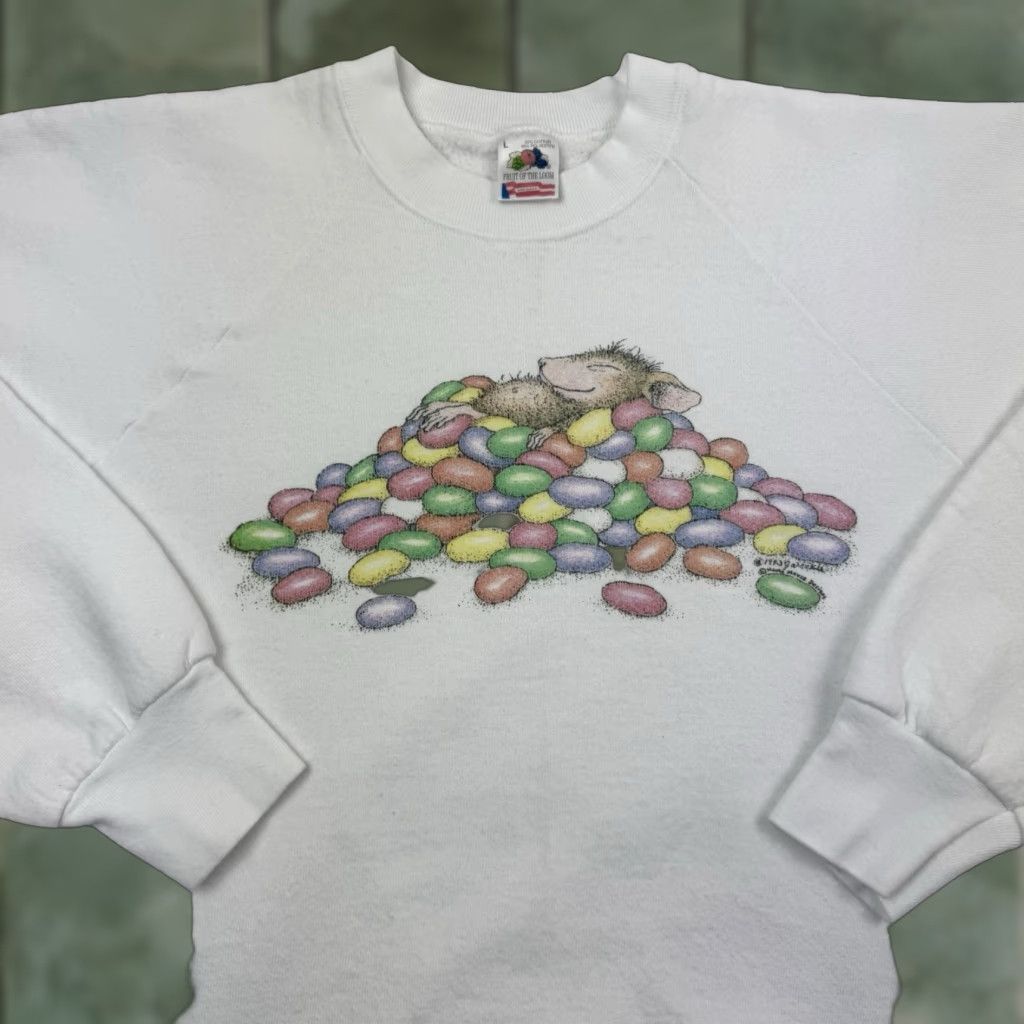 Fruit Of The Loom VINTAGE Fruit of the Loom Sweatshirt Shirt Adult Large White 90s Animals Jelly Beans Mens Size US L / EU 52-54 / 3 - 1 Thumbnail
