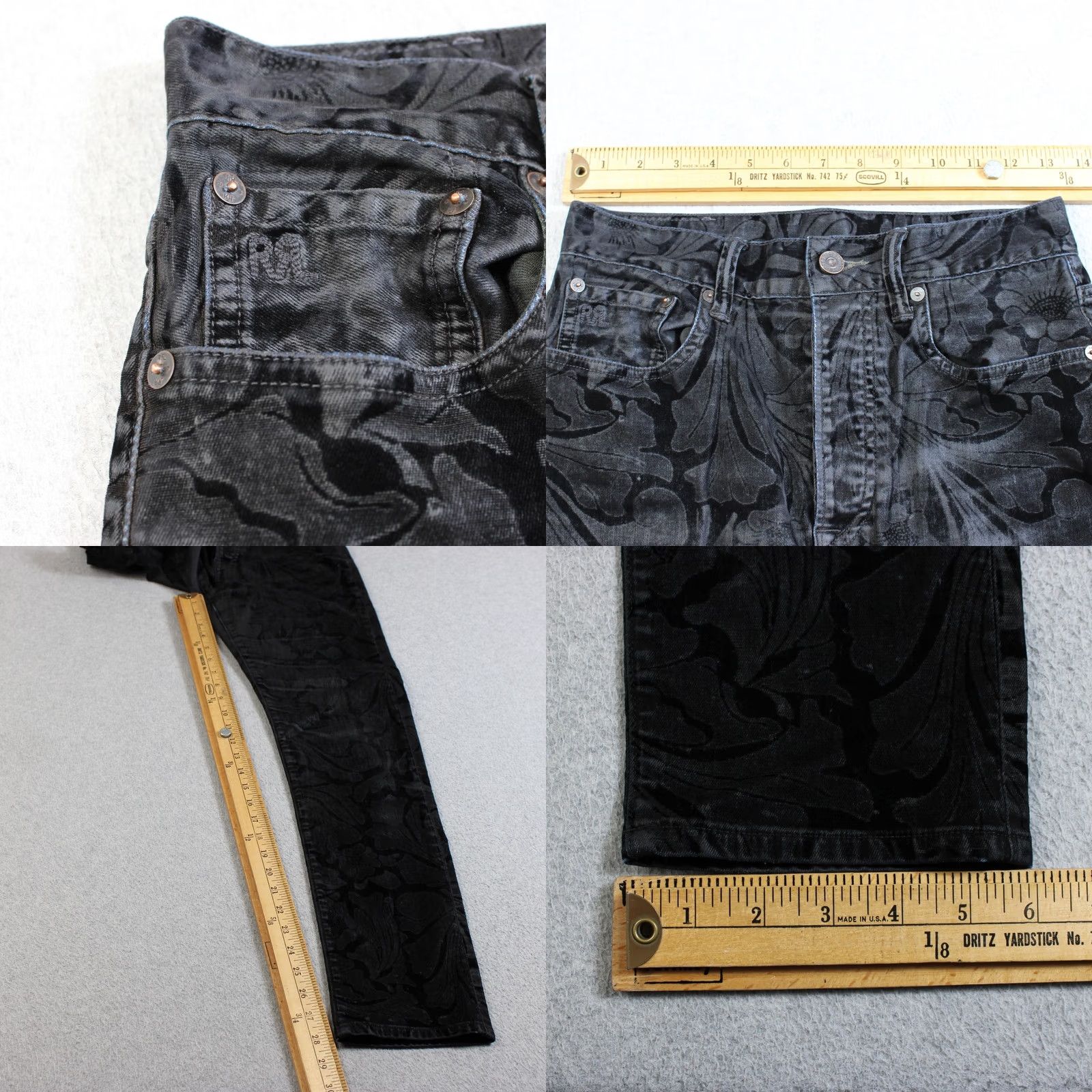 Denime RRL Jeans Women 27 Black Dark Wash Slim Straight Floral Denim Stretch Burn Out Size 27" / US 4 / IT 40 - 8 Thumbnail