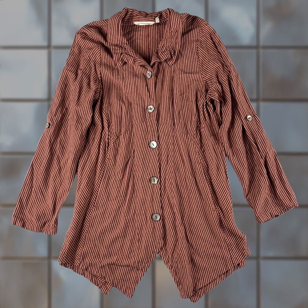 Soft Surroundings Soft Surroundings Shirt S Orange Striped Roll Tab Sleeve Tunic Button Up Size S / US 4 / IT 40 - 1 Thumbnail