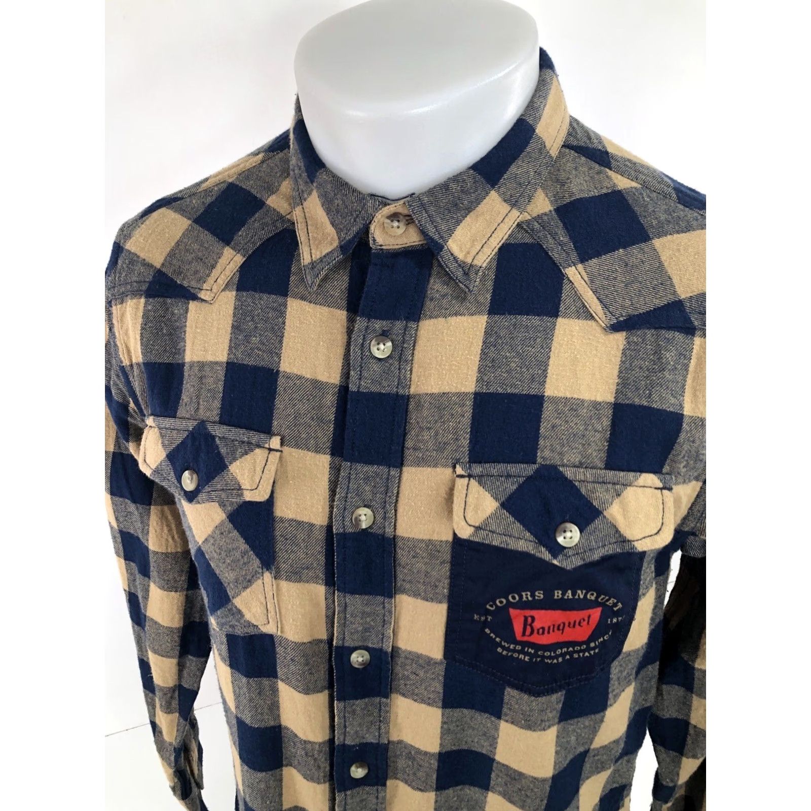 Vintage VINTAGE COORS BANQUET Shirt Mens S Plaid Check Flannel Button-Up Brown / Blue Size US S / EU 44-46 / 1 - 2 Thumbnail