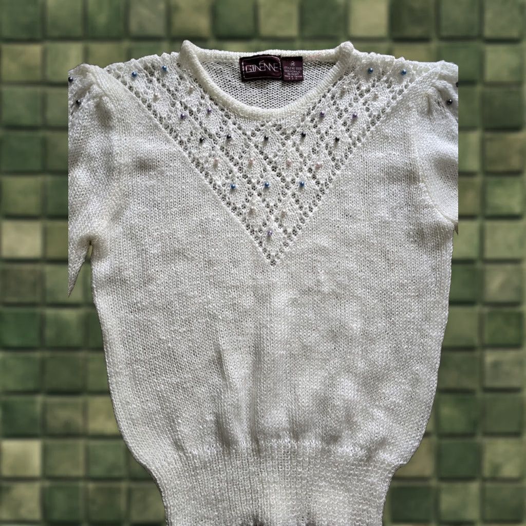 Vintage VINTAGE Ginenne Sweater Shirt Womens Medium Beige 1980s Beaded Cottagecore Grandmacore Decade 80s Size M / US 6-8 / IT 42-44 - 1 Thumbnail
