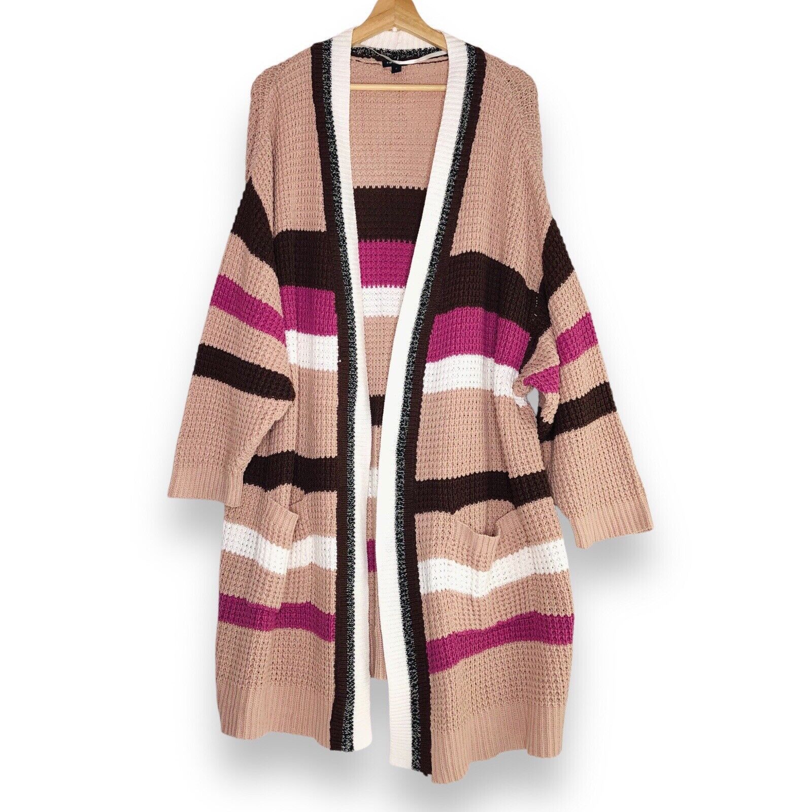 Torrid Torrid Striped Open Front Pocket Cardigan Sz 5X Pink Brown Size ONE SIZE - 1 Thumbnail